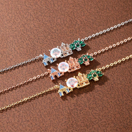 18K Gold Plated Colored Zircon Inlaid Amusement Park Pendant Necklace Cute Sweet Design Versatile Fashion Jewelry Girl 's Gift