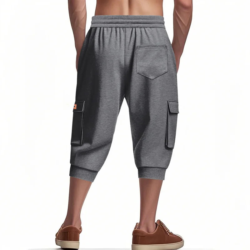 Men Elastic Drawstring Waist Cargo Capri Shorts Multi Pockets Jogger Cropped Sweatpants Casual Sports 3/4 Pants