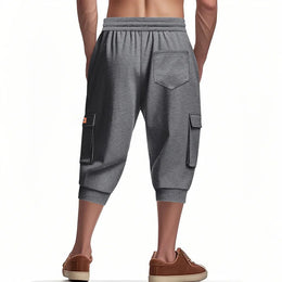 Men Elastic Drawstring Waist Cargo Capri Shorts Multi Pockets Jogger Cropped Sweatpants Casual Sports 3/4 Pants