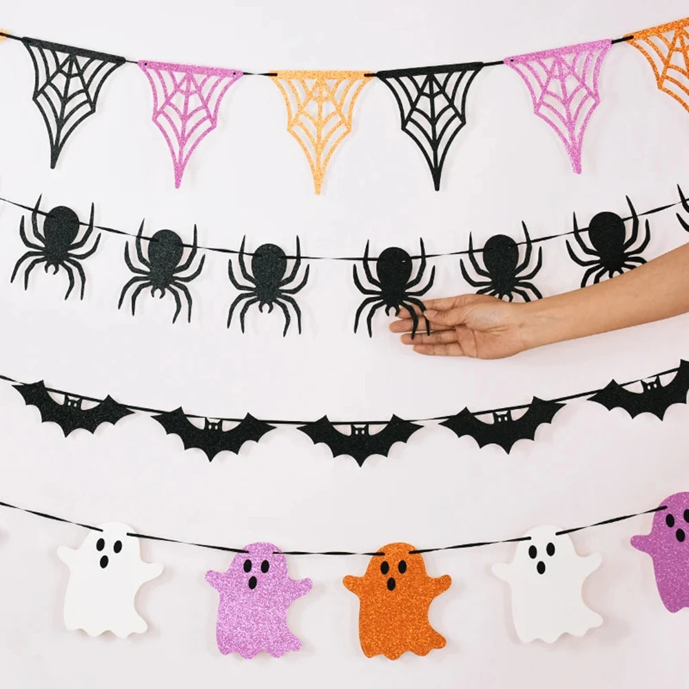 Halloween Party Banner Garlands Cartoon Ghost Bat Spider Hanging Bunting for Halloween Home Decoration Supplies Kids Favors Gift
