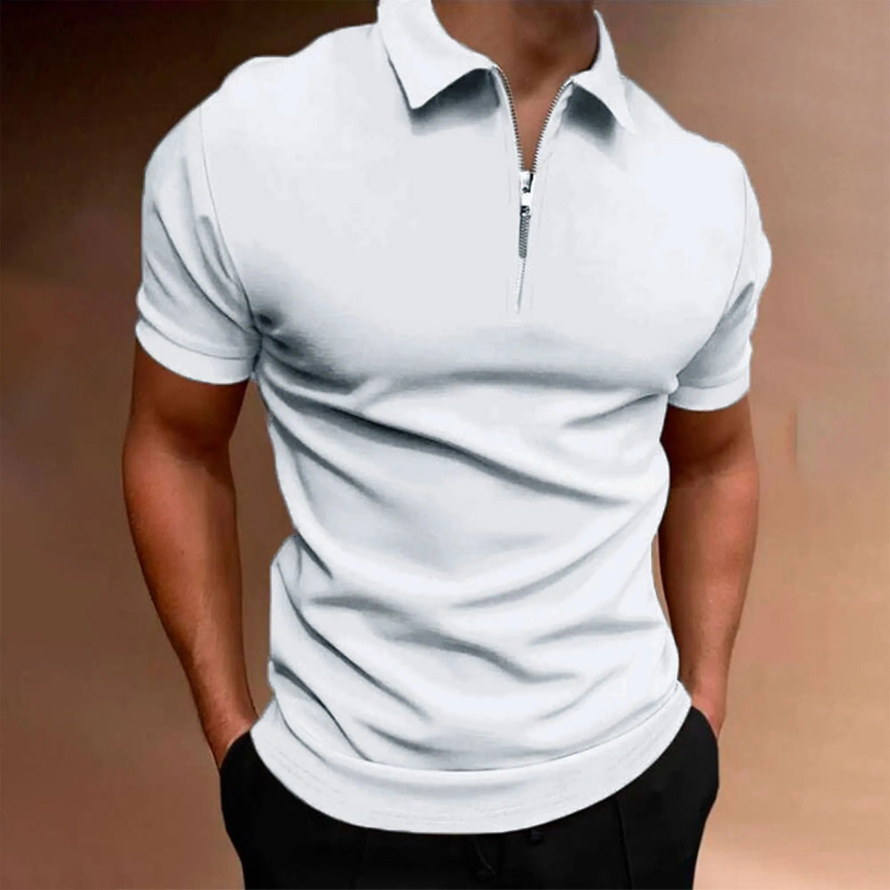 Men's polo shirt solid color short-sleeved zipper lapel T-shirt casual top