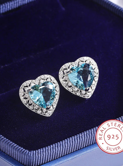 KissIcon 925 Silver Plated Heart Earrings - Blue Zircon