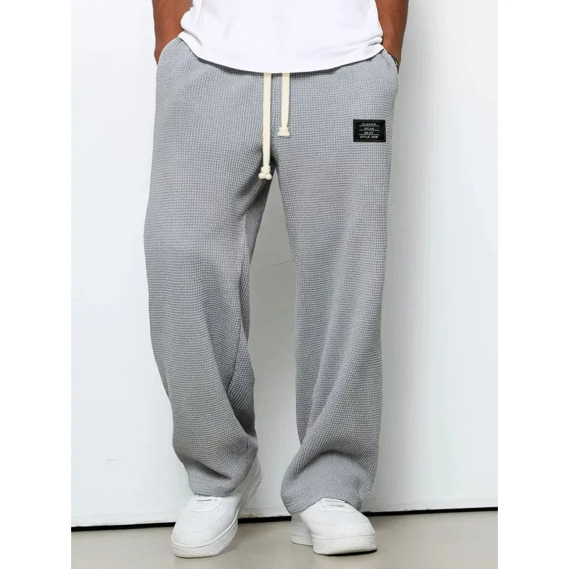 American Style Men's Waffle Textured Wide Leg Sweatpants Drawstring Elastic Waist Casual Loose Fit Streetwear Joggers