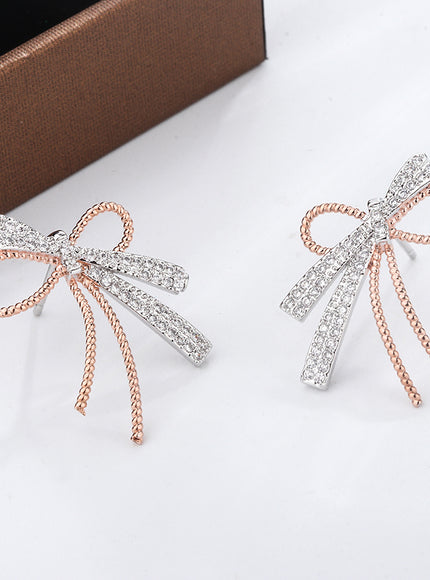 S925 Silver Plated Bowknot Stud Earrings Two Tone Zircon
