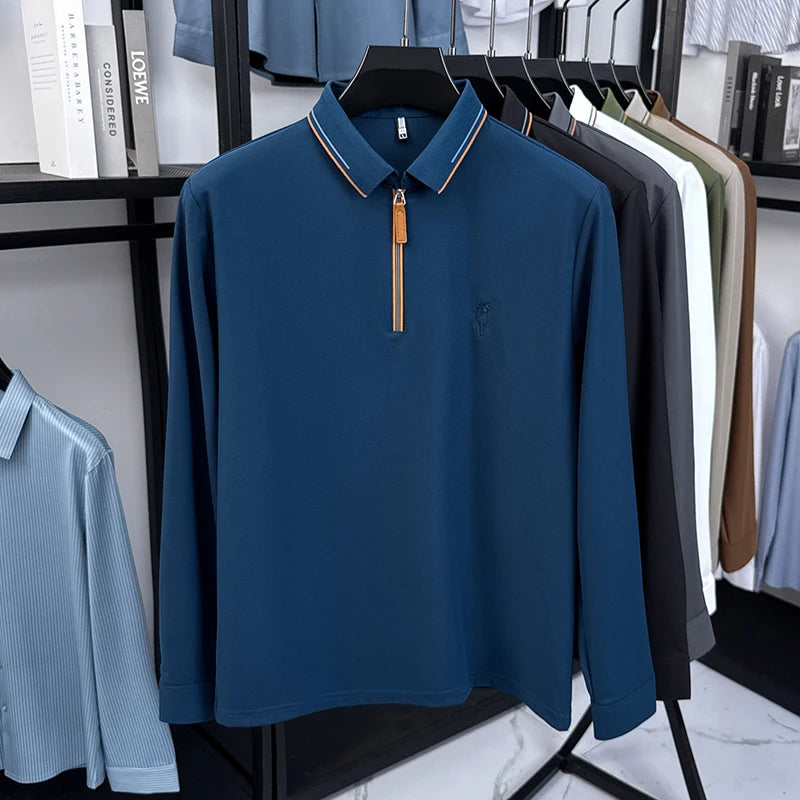Men's Cotton Long Sleeved T-shirt with Collar Polo Shirt High-end Embroidered Top Autumn Loose Base Shirt