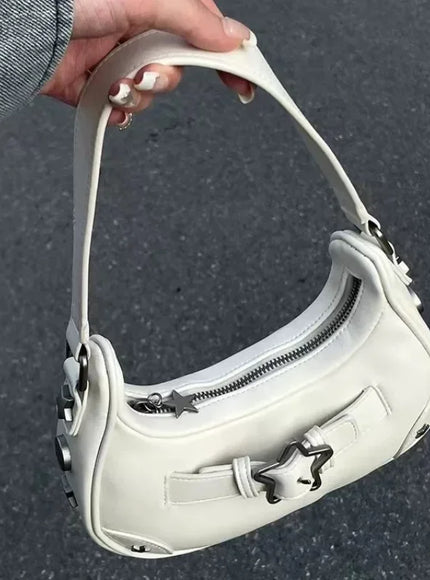 Vintage Korean Casual Cute White Star Shoulder Underarm Tote Bag Ladies Sling Bags Leather Zip Purses  Handbags Women