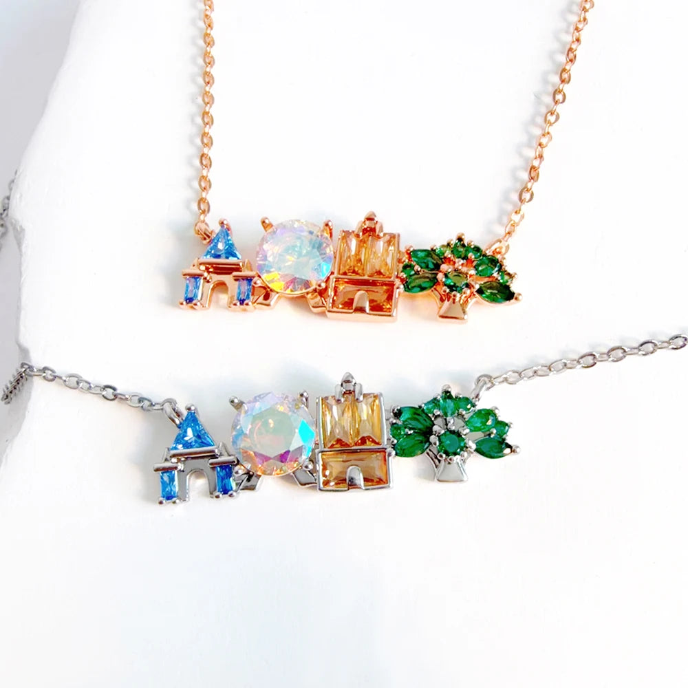 18K Gold Plated Colored Zircon Inlaid Amusement Park Pendant Necklace Cute Sweet Design Versatile Fashion Jewelry Girl 's Gift
