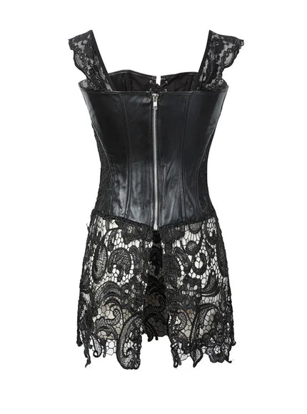 Fashion New Steampunk Corset Dress Women Gothic Sexy Faux Leather Zipper Bustier Lace Skirt Black Red Corselet Clubwear S-6XL