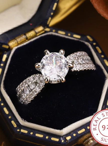 KissIcon Silver Plated Ring For Women 6 Prong Zircon Shine