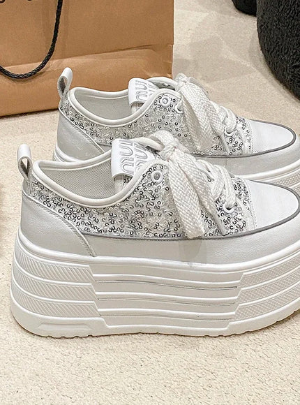 Bling Leather Flats Casual Dad Shoes Chunky Sneakers Women Platform Sports Shoes Ladies Skateboard Hidden Heels Shoes Tennis
