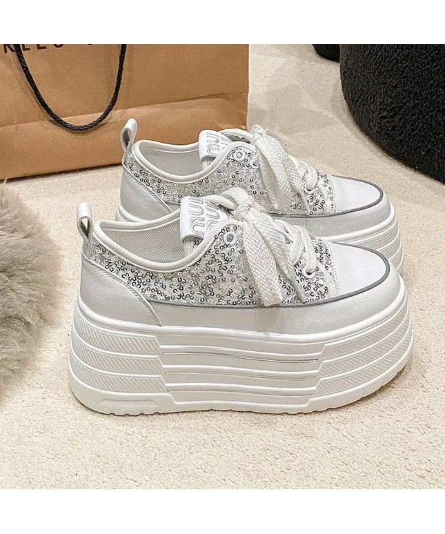 Bling Leather Flats Casual Dad Shoes Chunky Sneakers Women Platform Sports Shoes Ladies Skateboard Hidden Heels Shoes Tennis