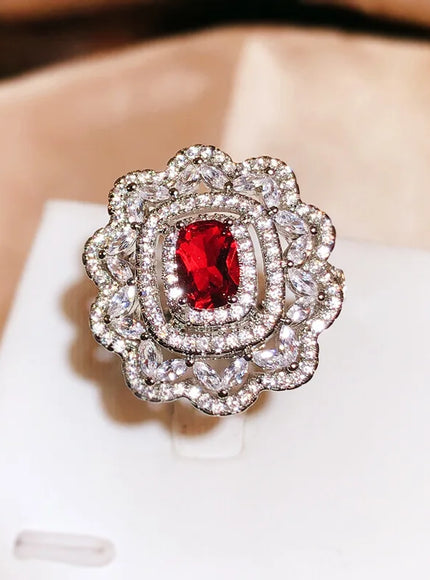 KissIcon Luxury Dark Red CZ Ring For Brides - Floral Design