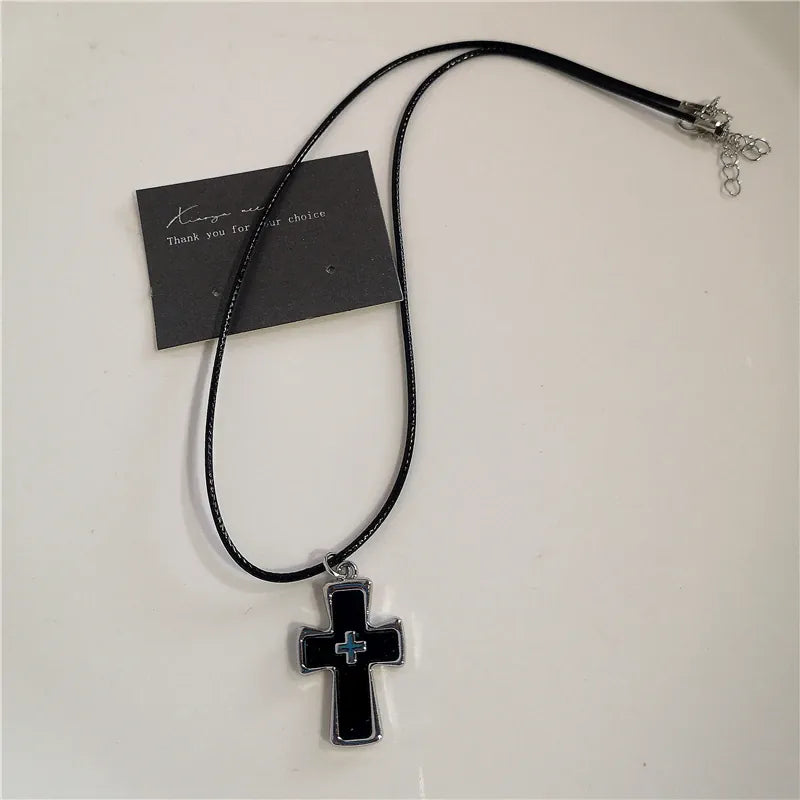 KissICON 8 Punk Rock Black Heart Cross Pendant Chain Necklace For Men Women Cool Hip Hop Street Vintage 90s Y2K Grunge Goth Accessories