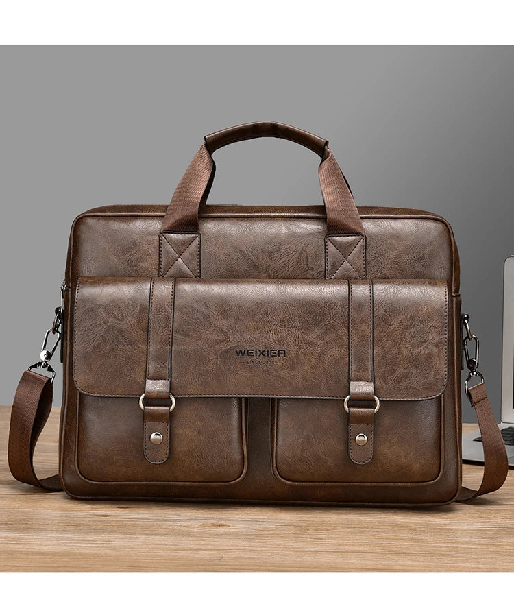 Mens Business Briefcase Large Capacity PU Leather Laptop Bag Fashion Crossbody Shoulder Tote Bag for Work Office