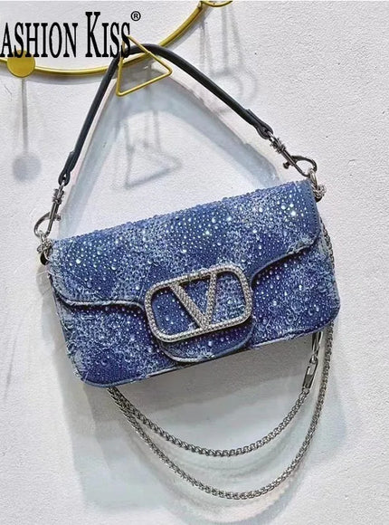 2025 Elegant And Fashionable Underarm Bag Women Shoulder Bag Denim Diamond Handbag Chain Crossbody Bag Suitable For Daily Use