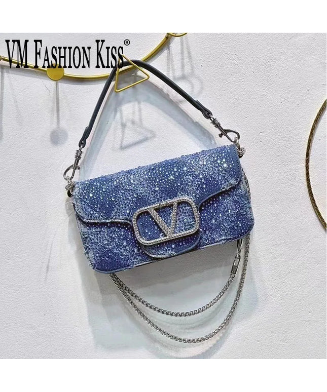 2025 Elegant And Fashionable Underarm Bag Women Shoulder Bag Denim Diamond Handbag Chain Crossbody Bag Suitable For Daily Use
