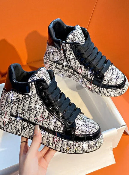 Women Luxury Vulcanized Shoes Sneakers Bling Rhineston Wedges Thick Bottom Lace Up Breathable Casual Sport Shoe plataforma mujer