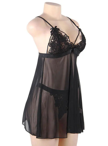 Plus Size Sexy women black mesh transparent babydoll chemise nighgown sleepwear lingerie Set from M-5XL