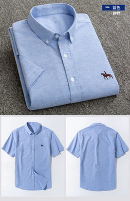 100% Cotton Oxford Shirt Men's Summer short sleeved Sleeve Embroidered Horse Casual Without Pock et Solid Shirt Plus Size S-6XL