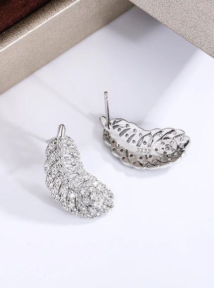 KissIcon 925 Silver Plated Feather Earrings - Zircon Shine
