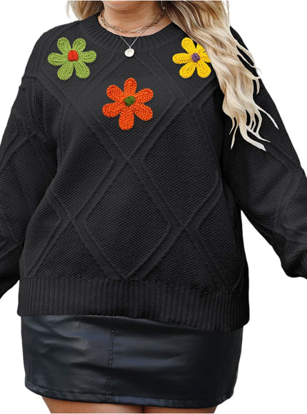 Plus Size Women's Autumn Sweater Fashion Embroidered Yarn Flower Splicing Three-dimensional Decoration Pullover Sweaters Top