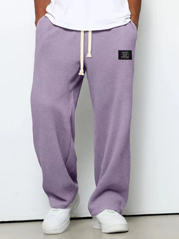 American Style Men's Waffle Textured Wide Leg Sweatpants Drawstring Elastic Waist Casual Loose Fit Streetwear Joggers
