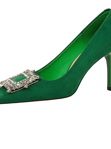 Fashion Women High Heels Metal Rhinestone Buckle Square