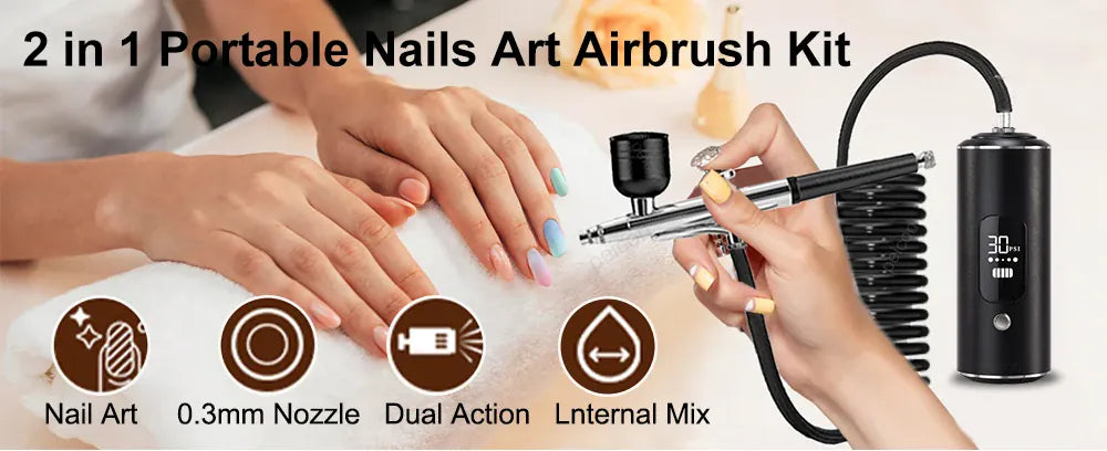 KissICON black Nails Art Airbrush With Compressor Manicure Varnish Painting