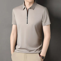 New Men's Business Casual Zipper Short Sleeve Solid Color Polo Shirt Fashionable Warm Comfortable Four Seasons Versatile Top