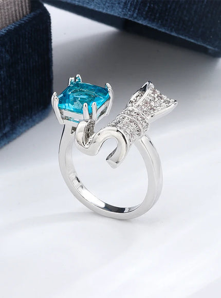 Sweet Wind Girl Sense Water Drop Bow Ring Light Luxury Design Opening Adjustable Blue Sugar Diamond S925 Couples for Women