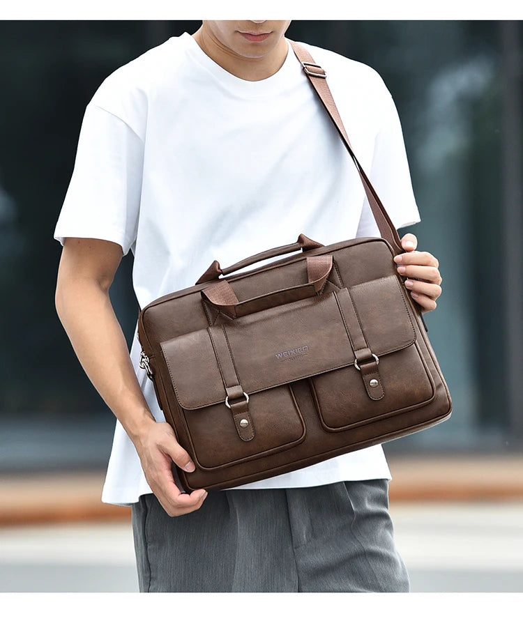 Mens Business Briefcase Large Capacity PU Leather Laptop Bag Fashion Crossbody Shoulder Tote Bag for Work Office