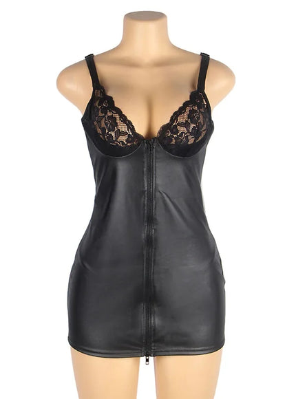 Plus Size Sexy woman zipper open faxu leather PU Dress lingerie set Clubwear night wear Hot from M-5XL