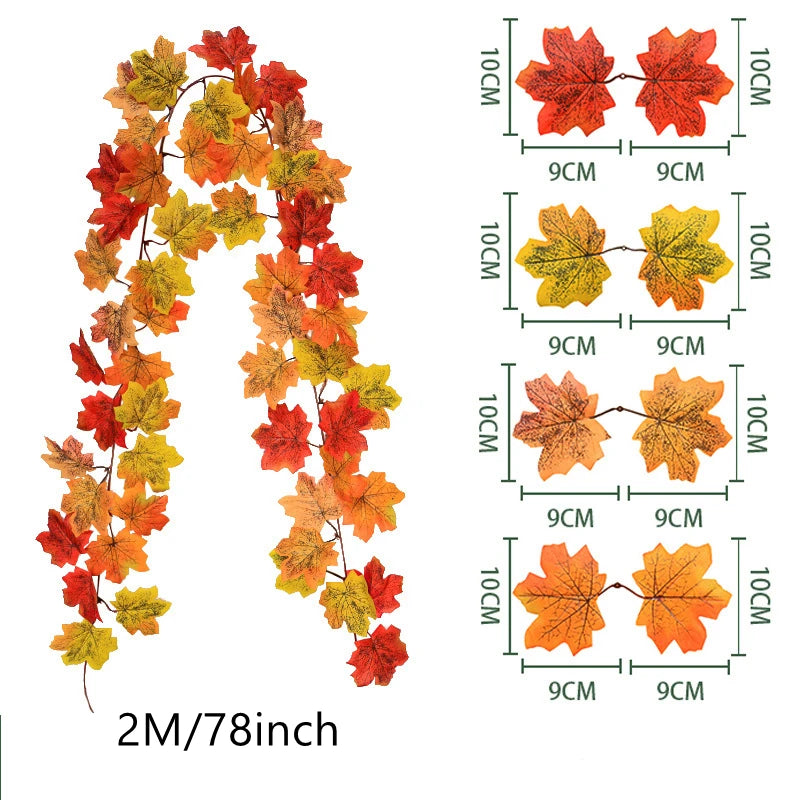 200CM Autumn Artificial Maple Leaf Wreath Fake Leaf Plant Vine Home Decor Garden Halloween Wall Outdoor Doors Windows Decoration