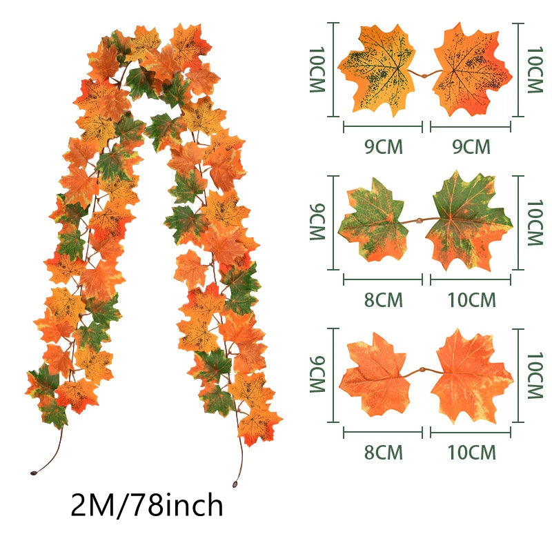 200CM Autumn Artificial Maple Leaf Wreath Fake Leaf Plant Vine Home Decor Garden Halloween Wall Outdoor Doors Windows Decoration