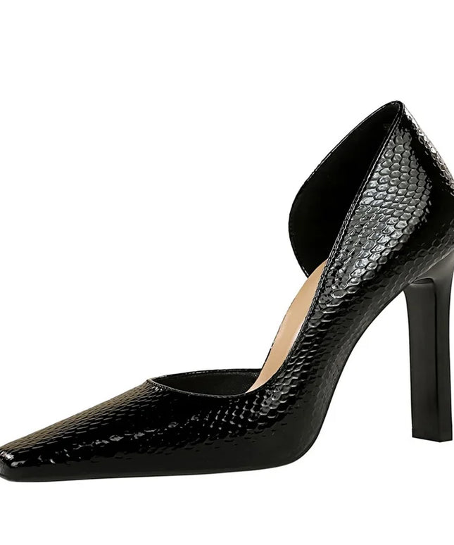 Woman Vintage Snake Print Pumps Square Toe Patent