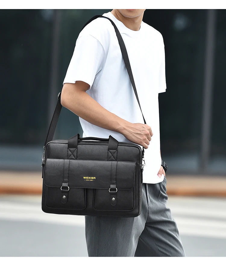 Mens Business Briefcase Large Capacity PU Leather Laptop Bag Fashion Crossbody Shoulder Tote Bag for Work Office