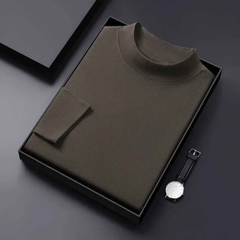 2026 New Men's Casual Solid Color High Collar Velvet Long Sleeve T-shirt Spring and Autumn Versatile Comfortable Top