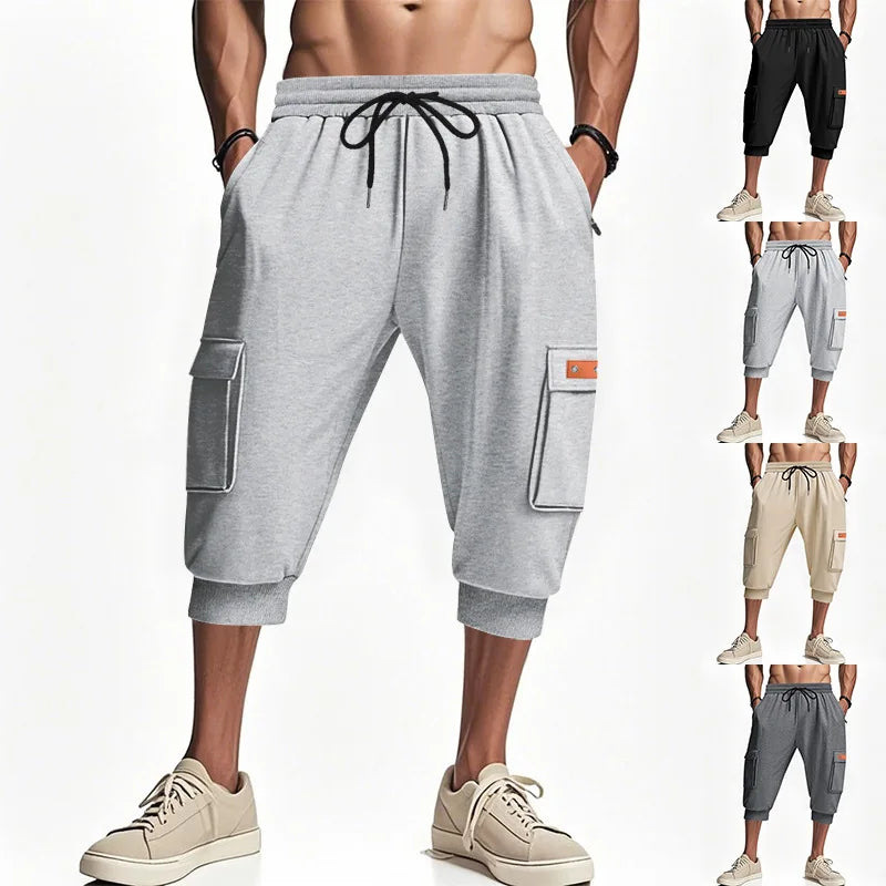 Men Elastic Drawstring Waist Cargo Capri Shorts Multi Pockets Jogger Cropped Sweatpants Casual Sports 3/4 Pants