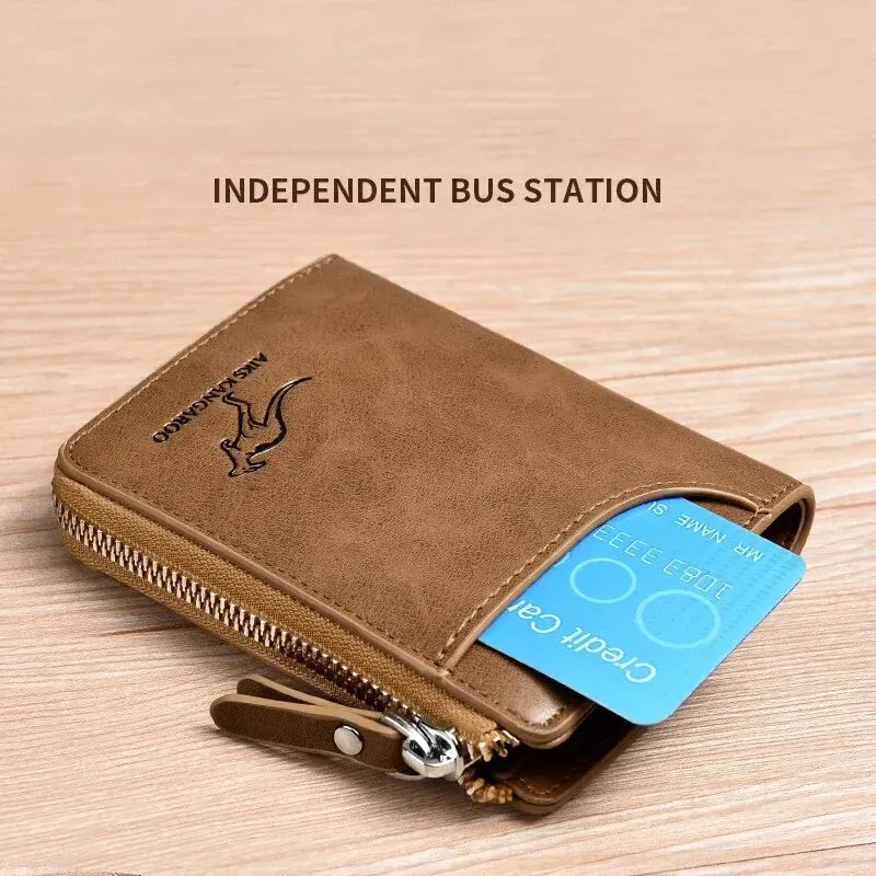 Mens RFID Protected Leather Wallet - Luxury Zippered Card Holder Purse for Business Cards with Elegant Carteira Masculina Style