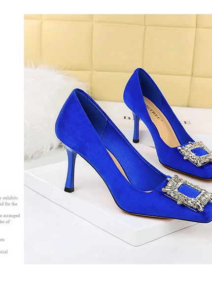 Fashion Women High Heels Metal Rhinestone Buckle Square