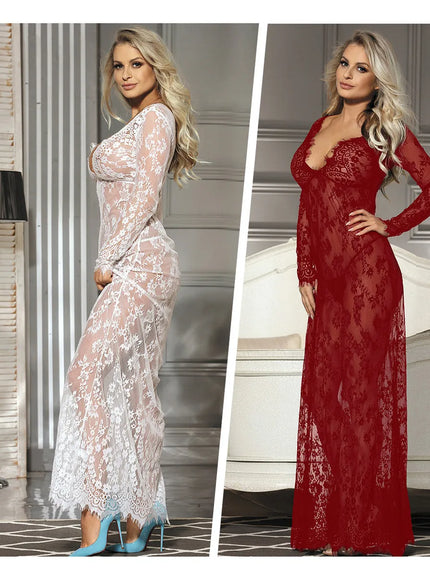 Plus Size/Big Size Full Lace Half Transpaent for fat women Sexy lingerie Long Dress nighty for ladies  sexy sleepwear