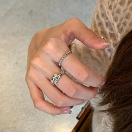 KissICON Silver / resizable diamond studded glossy rings for women punk style light luxury vintage High quality fashion trend ring jewelry