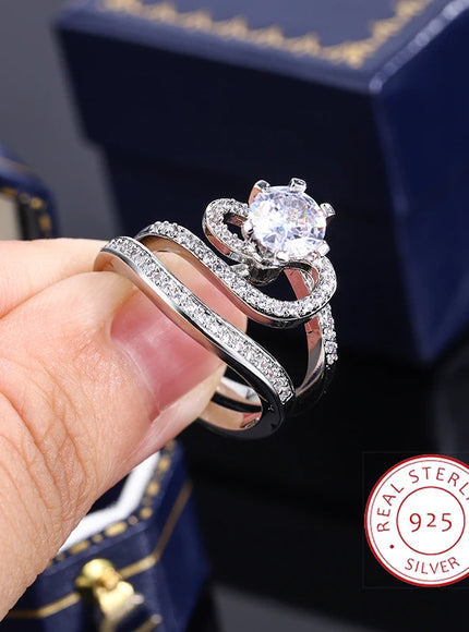 2024 Hot Sale Hot Sale 2pcs Ring Set Geometric Zircon Double Layer Women's Ring Engagement Bridal Jewelry Couple 925 Ring