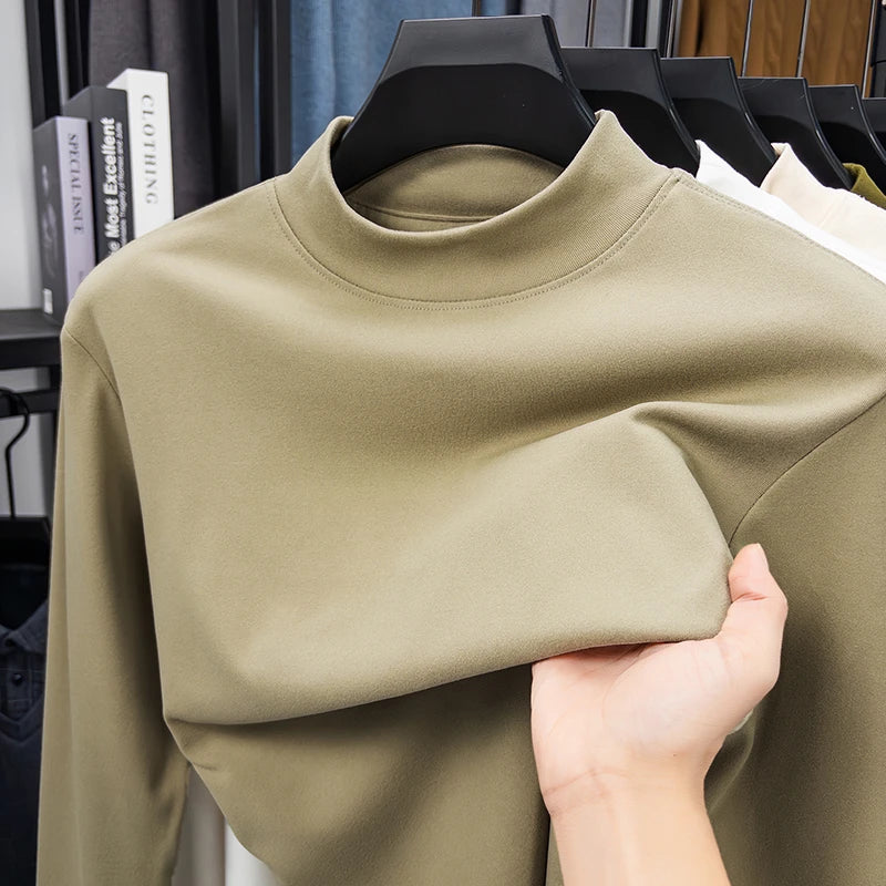 2026 New Men's Casual Solid Color High Collar Velvet Long Sleeve T-shirt Spring and Autumn Versatile Comfortable Top