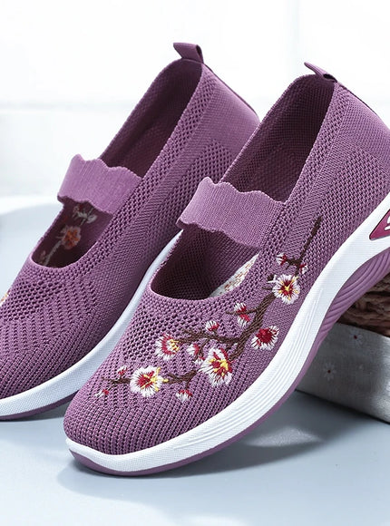 Women's Solid  casual sneaker Color Knitted Sneakers, Floral Embroidered Lightweight  women's shoes women's summer shoes