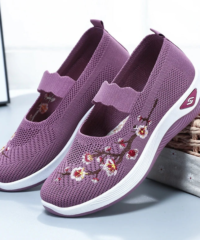 Women's Solid  casual sneaker Color Knitted Sneakers, Floral Embroidered Lightweight  women's shoes women's summer shoes