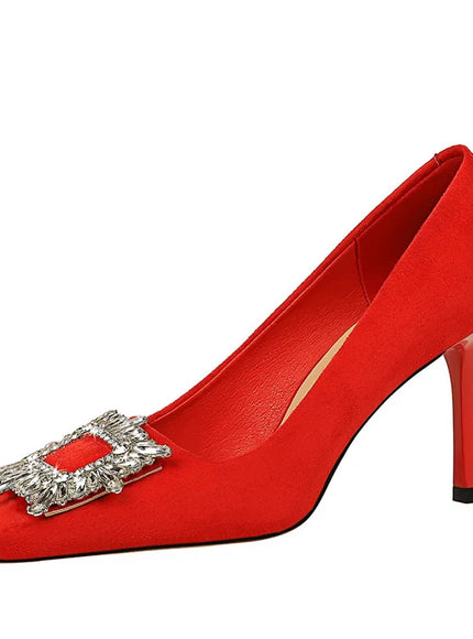 Fashion Women High Heels Metal Rhinestone Buckle Square
