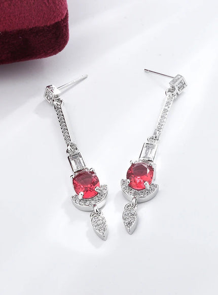 Baguette Oval Ruby Tassel Stud Earrings - Full Diamond Glow