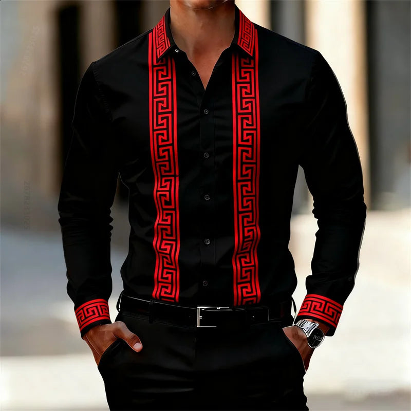 Men's Retro Geometric Print Shirt, Stylish Long-Sleeve Black Shirt, Business Casual Men's Top, Multiple Colors Available, XS-6XL
