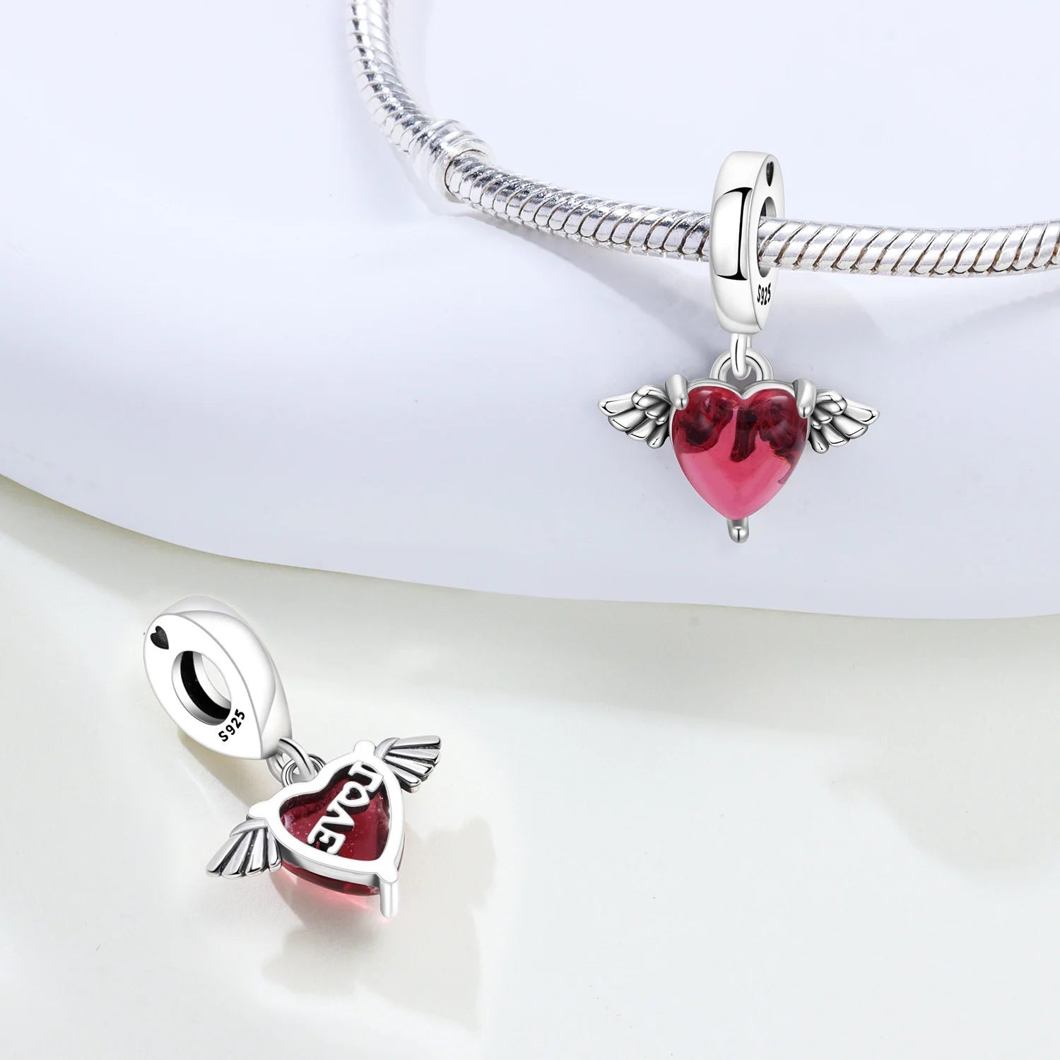 Original Charms Beads 925 Sterling Silver Zircon LOVE Winged Protect Heart Pendant For DIY Necklace Bracelet Fine Jewellery Gift